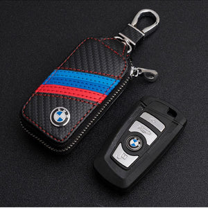 New BMW car logo carbon fiber leather keychain key case